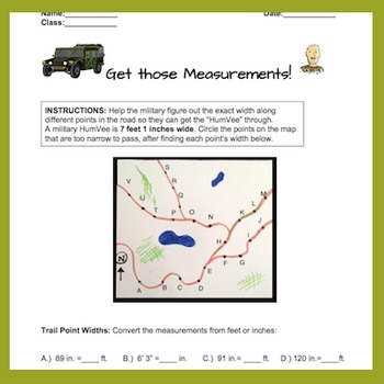 Preview of Feet to Inches. Converting Measurements Worksheet/quiz. Fun Army Theme 4.MD.A.1