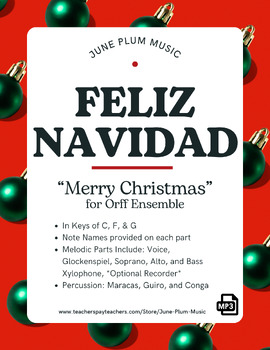 Preview of Feliz Navidad / Merry Christmas - Orff.  Voice, Recorder, Mallets, Percussion.