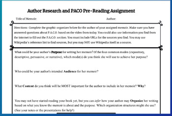 Preview of Female Memoir Author Research w/ PACO (Purpose, Audience, Content, Organization)