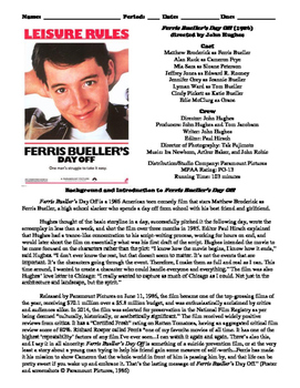 Preview of Ferris Bueller's Day Off Film (1986) Study Guide Movie Packet