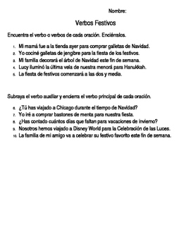 Preview of Festive Verb Worksheet- Spanish