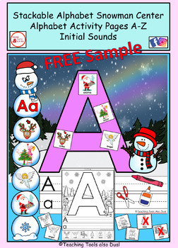 Preview of Festive holiday stackable "Snowman Alphabet Center" with activity pages A-Z FREE