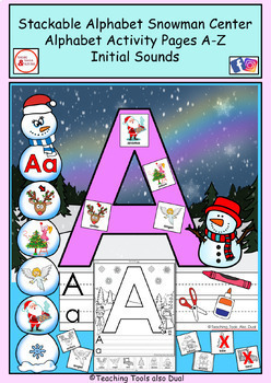 Preview of Festive holiday stackable "Snowman Alphabet Center" with activity pages A-Z