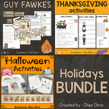 Preview of Holidays Activities -  Halloween, Guy Fawkes and Thanksgiving BUNDLE