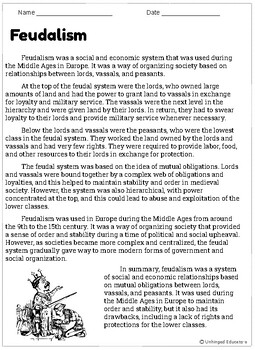 Preview of Feudalism Reading Comprehension Worksheet with Differentiated Questions!
