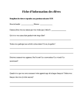 Preview of Fiche d’information des élèves/ Student Information Sheet in French