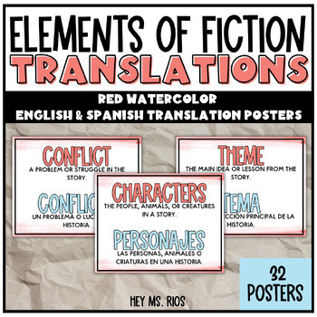 Preview of Fiction Elements English & Spanish Translation Posters | Red & Blue Watercolor