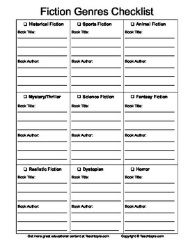 Preview of Fiction Genres Checklist   A checklist to identify different types of Fiction.