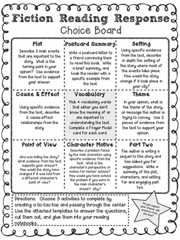 Fiction Reading Response Choice Board by Inspired in Sixth | TpT