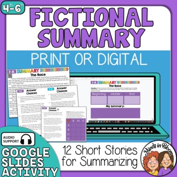 Preview of Fiction Summary Activities & Task Cards for Summarizing- Print & Digital & Audio
