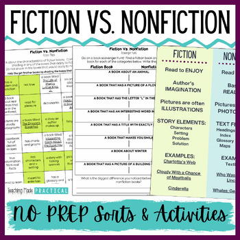 Preview of Fiction VS Nonfiction Sorts and Activities - No Prep Worksheets