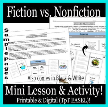 Preview of Fiction vs. Nonfiction- Mini Lesson & Activity Printable & Digital Versions K-1