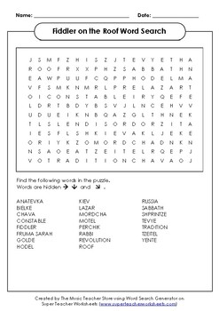 Preview of Fiddler on the Roof Word Search ONLINE,VIRTUAL