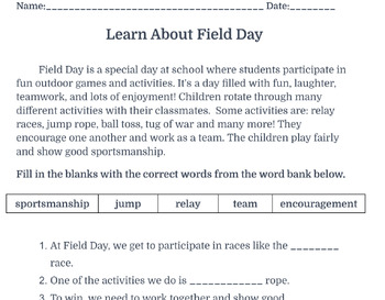 Preview of Field Day ~ Short Story and Questions