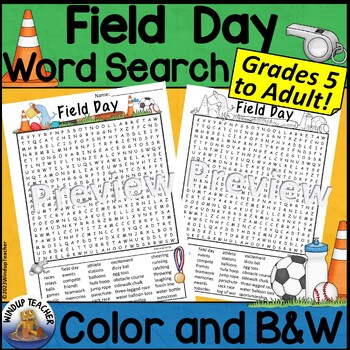 Preview of Field Day Word Search Activity Hard for Grades 5 to Adult