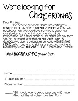 Preview of Field Trip Chaperone Letter