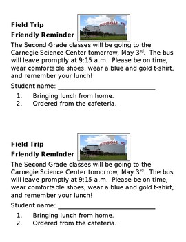 Preview of Field Trip Lunch Reminder Form