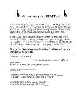 field trip letter to parents preschool