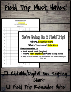 Preview of Field Trip Reminder Note and Bus Seating Chart | Fully Editable