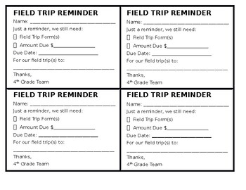 Preview of Field Trip Reminder Parent Note (Editable)