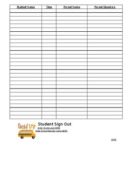 Preview of Field Trip parent sign-out sheet