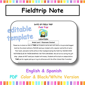 Preview of Fieldtrip Note - editable English Spanish field trip notice