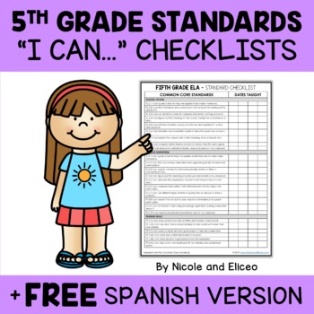Preview of Fifth Grade Common Core Standards I Can Statement Checklists 1 + FREE Spanish