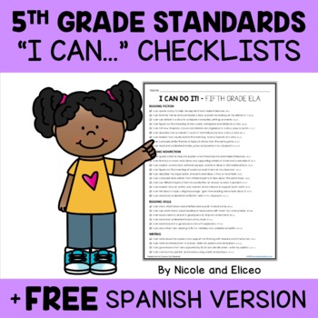 Preview of Fifth Grade Common Core Standards I Can Statement Checklists 2 + FREE Spanish