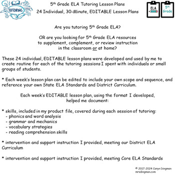 Preview of 5th Grade ELA 24 Individual Editable Tutoring Lesson Plans
