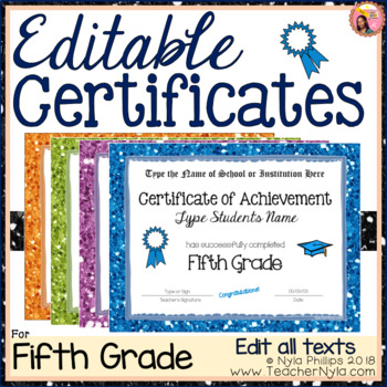 Preview of Fifth Grade Editable Graduation Certificates - Glitter Borders