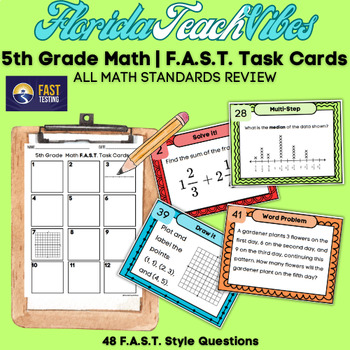 Preview of Fifth Grade F.A.S.T. Test Prep: Math Spiral Review ALL STANDARDS Task Cards