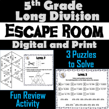 Preview of Fifth Grade Long Division with Remainders Activity: Escape Room Math Review Game