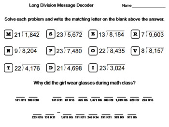 fifth grade long division with remainders activity math message decoder