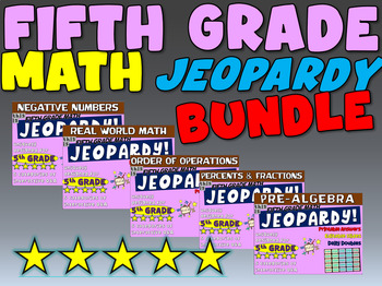 Preview of Fifth Grade MATH JEOPARDY BUNDLE Negative Numbers-Pre-Algebra-Percents-Fractions