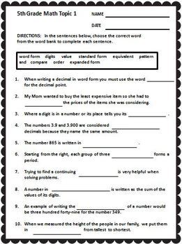 enVision Math 5th Grade 2009 version Vocabulary CLOZE Worksheet Activities