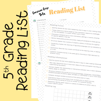 Preview of Fifth Grade Reading List (with Common Core Checklist)