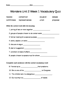 Preview of Fifth Grade Wonders Unit 2 Vocabulary Quizzes/Assessments
