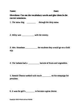 Fifth grade Vocabulary Cut Outs by Middle School READS | TpT