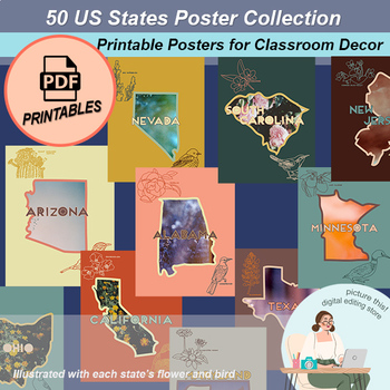 Preview of Fifty 50 US States Pretty Printable Posters State Flowers Birds Bulletin Boards