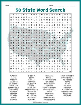 US Geography Worksheet - All 50 States Word Search by Puzzles to Print