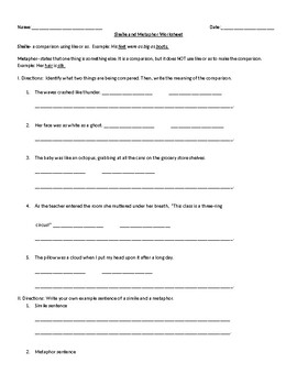 Preview of Figurative Language: Similies and Metaphors Worksheet with Answers