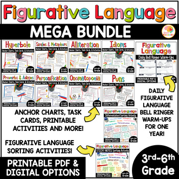 Preview of Figurative Language Activities: Worksheets, Task Cards, Bell Ringers, and MORE!