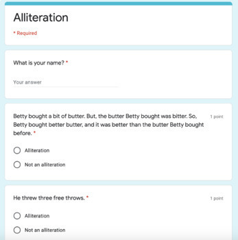 Preview of Figurative Language Alliteration Google Form Assessment