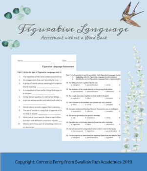 Preview of Figurative Language Assessment with Word Bank