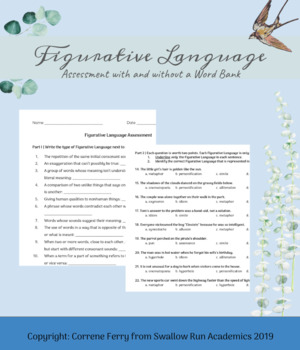 Preview of Figurative Language Assessment with and without a Word Bank