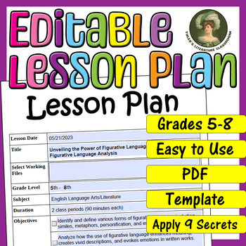 Preview of Figurative Language : Editable Lesson Plan for Middle School