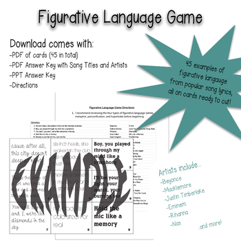 Preview of Figurative Language Game with Popular Song Lyrics (version 1)