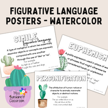 Preview of Figurative Language Grammar Literacy Posters Watercolor Succulent Cactus Boho