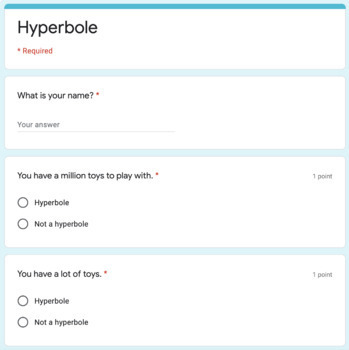 Preview of Figurative Language Hyperbole Google Form Assessment