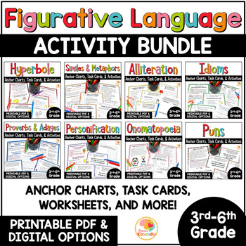 Preview of Figurative Language Task Cards, Anchor Charts, and Worksheets Activities BUNDLE